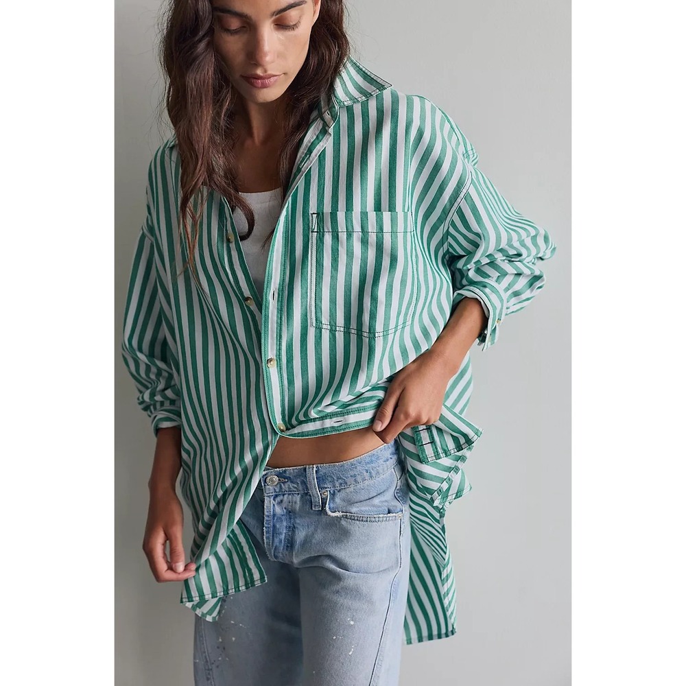 We The Free People Freddie Striped Shirt Women's Large Green Stripe Oversized